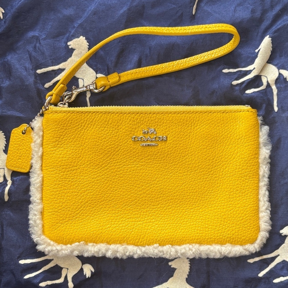 Coach Genuine Leather Banana Yellow & Shearling Small Zippered Wristlet Pouch